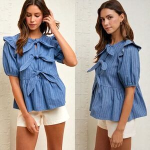 Anniewear Stripe Front Bow Denim Peplum Blouse Size Large NWT